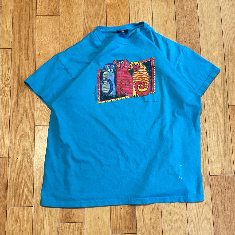 Bright Teal Short Sleeve Graphic Tee with Colorful Cat Artwork